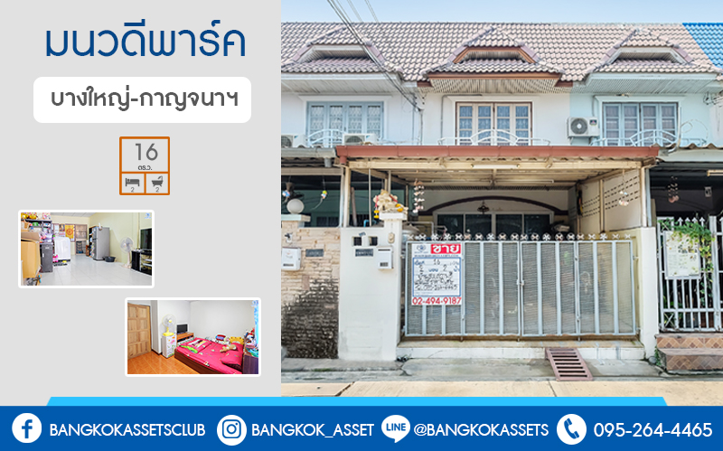 ทาวน์เฮ้าส์มือสองนนทบุรี ราคาล้านต้นๆ ม.มนวดีพาร์ค บางใหญ่-กาญจนาฯ (ซ.วัดลาปลาดุก) เนื้อที่ 16 ตร.ว.  ฟังก์ชั่น 2นอน 2น้ำ ครบครันทั้งครัวเคาน์เตอร์ และที่จอดรถส่วนตัว ตัวบ้านตั้งอยู่ในแหล่งชุมชน สามารถค้าขายได้ เพียง 10 นาทีถึงเซ็นทรัลเวสต์เกต ใกล้รถไฟฟ้าสถานี "คลองบางไผ่"